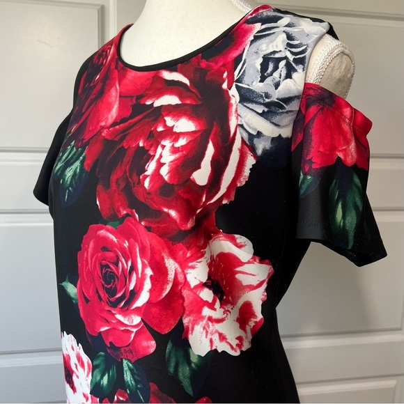 Enfocus Studio 8 Rose Floral Black Cold Shoulder Midi Dress - Picture 2 of 7
